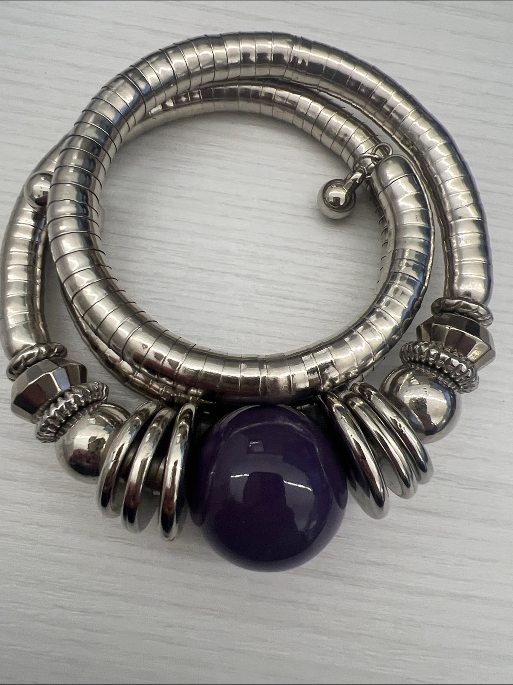 Silver Hoop Bracelet With Purple Accent Bead